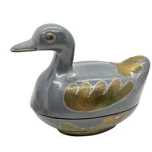 Duck Trinket Box Pewter & Brass Decorative Figurine Sculpture Container Vintage